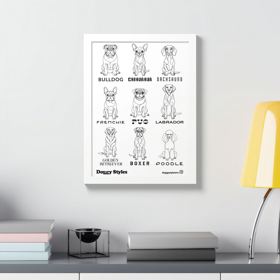Thumbnail: Dog breed line art poster in a white frame styled on a desk setup with a yellow lamp and modern interior elements