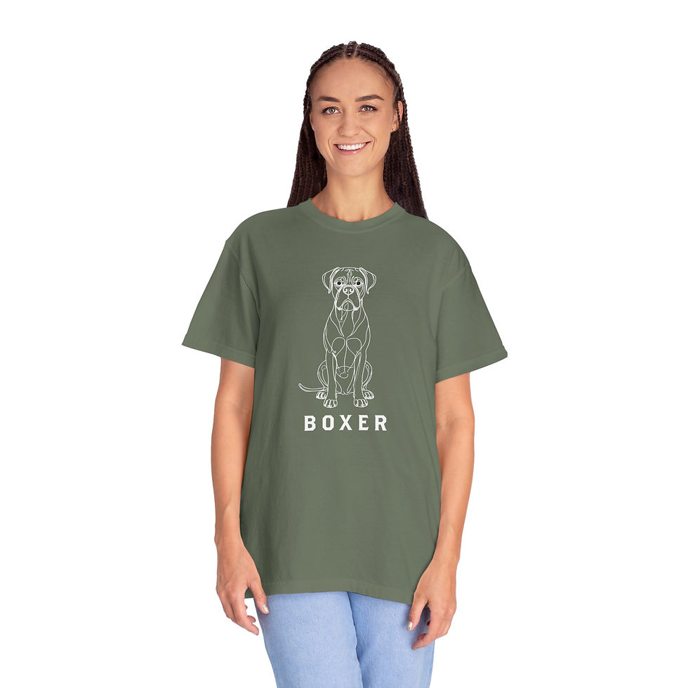 Thumbnail: Woman modeling a military olive green unisex crew neck t-shirt featuring a white printed Boxer dog line art design