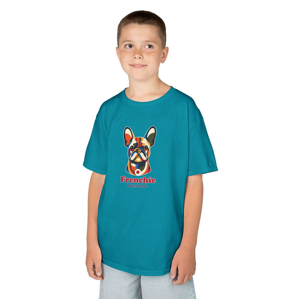 Thumbnail: Young boy wearing a vibrant teal green kids Frenchie dog illustration t-shirt