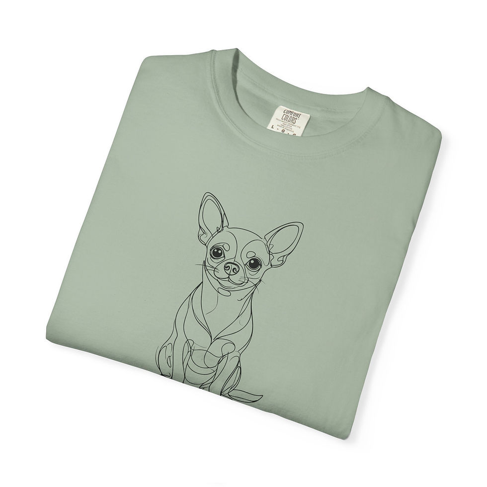 Thumbnail: A neatly folded light sage green unisex t-shirt showcasing the black printed Chihuahua dog line art graphic