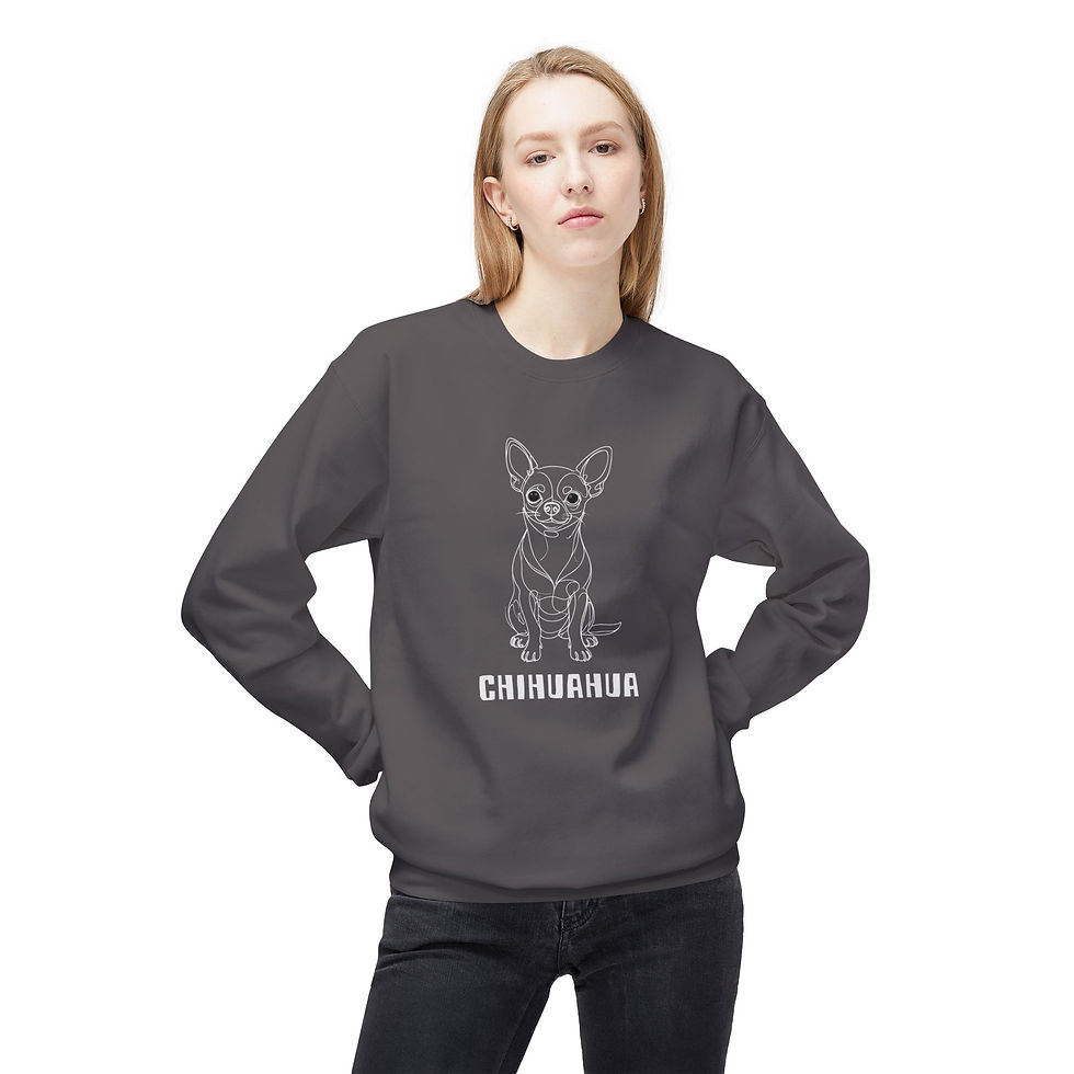 Thumbnail: Woman posing in a charcoal grey unisex Chihuahua dog line art graphic sweatshirt