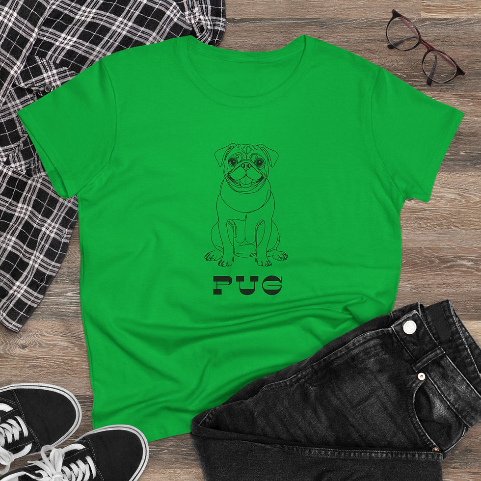 Thumbnail: Women's green Pug line art t-shirt styled flat lay with black jeans and accessories