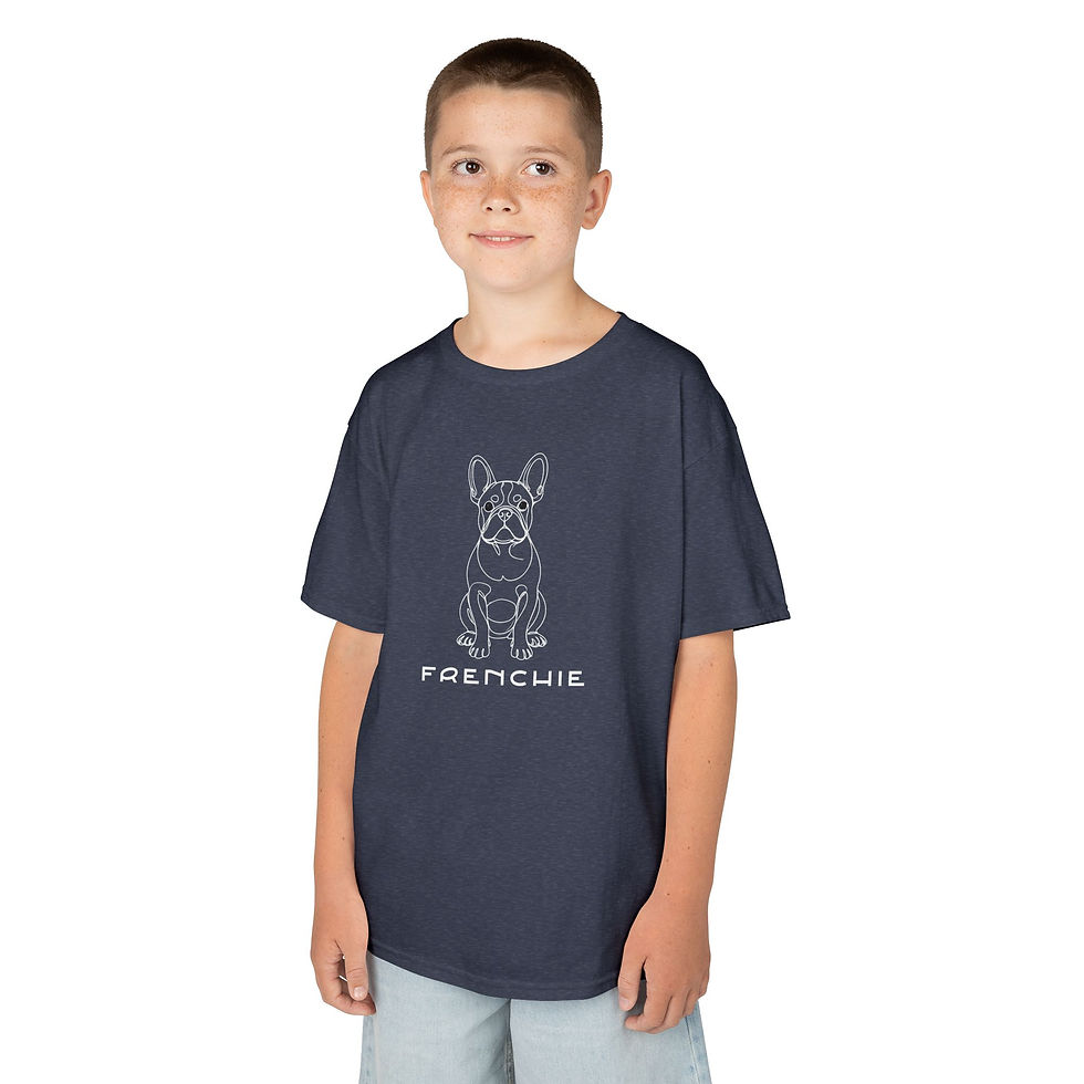 Thumbnail: Young boy wearing a navy blue kids Frenchie breed line art t-shirt