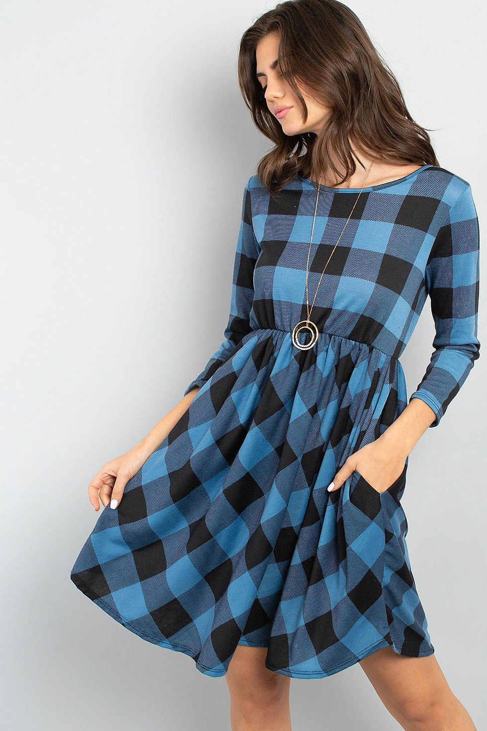 Thumbnail: Cinch Waist Quarter Sleeves Plaid Dress
