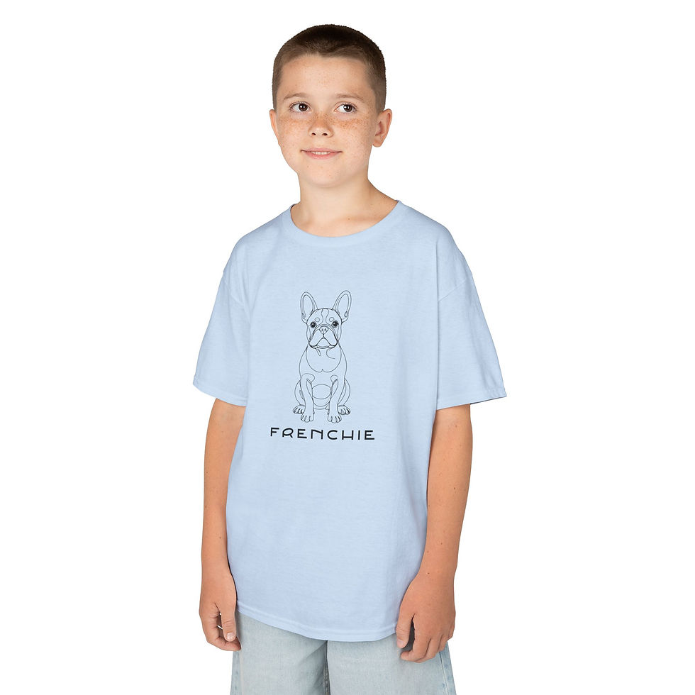 Thumbnail: Young boy posing in a light blue kids Frenchie dog line art t-shirt front view