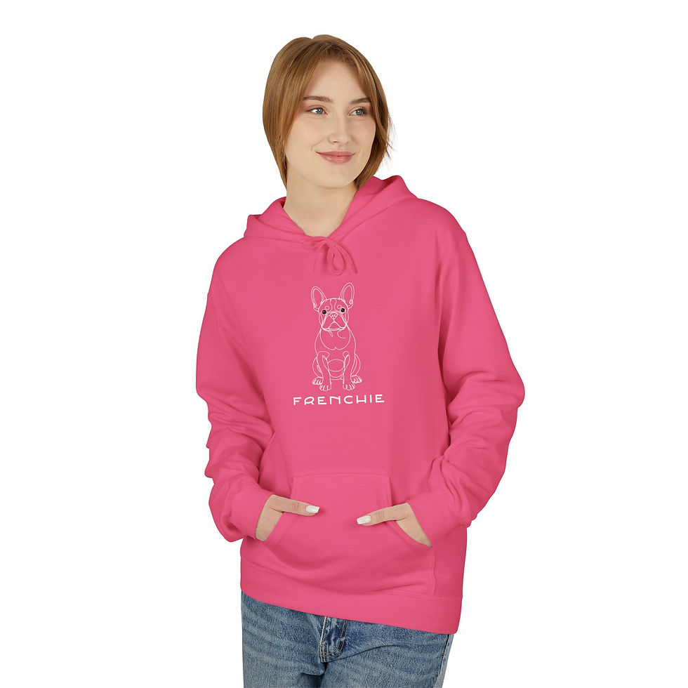 Thumbnail: Woman posing in a bright pink unisex Frenchie dog line art graphic hoodie