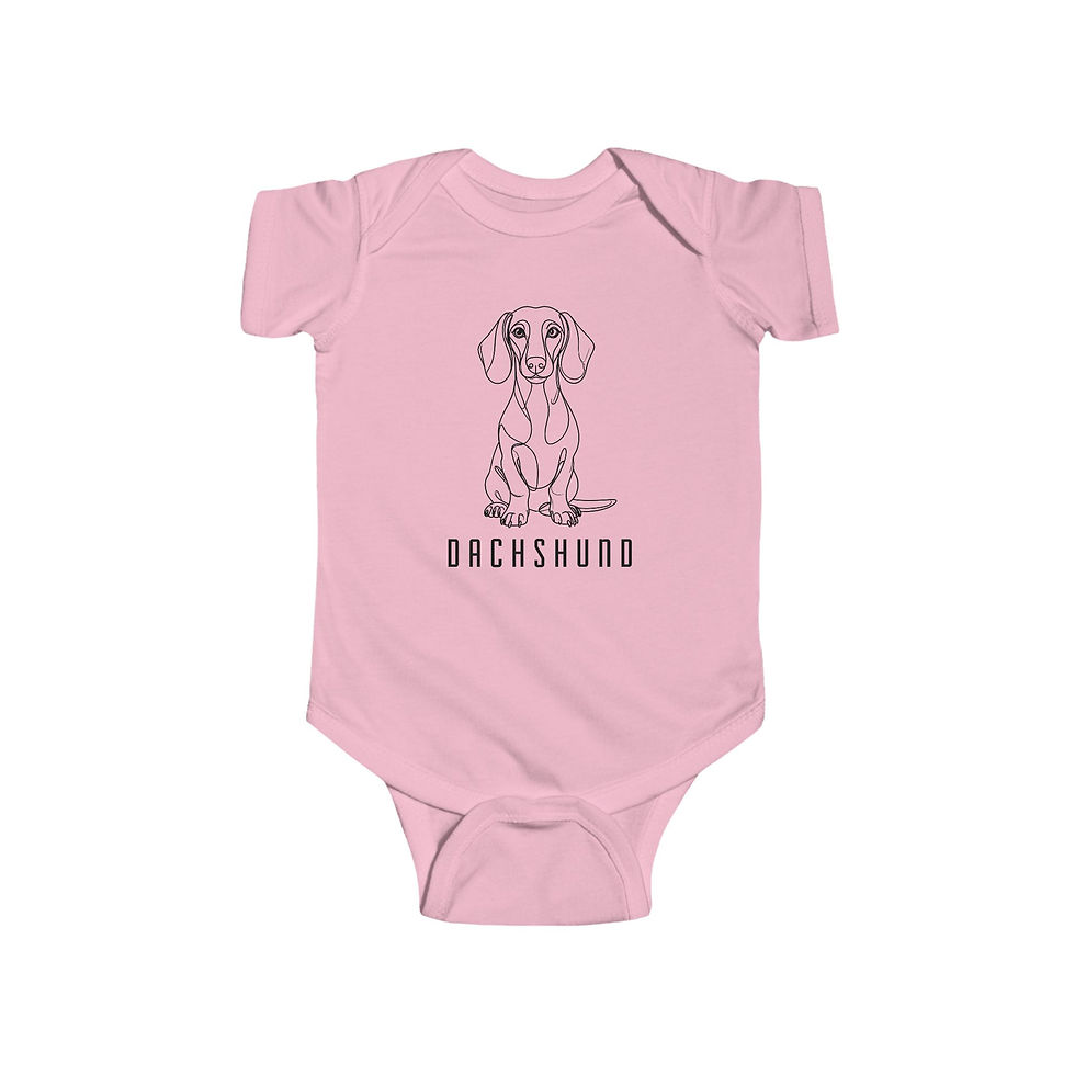 Thumbnail: Light pink short sleeve babygrow featuring a minimalist Dachshund breed line art design