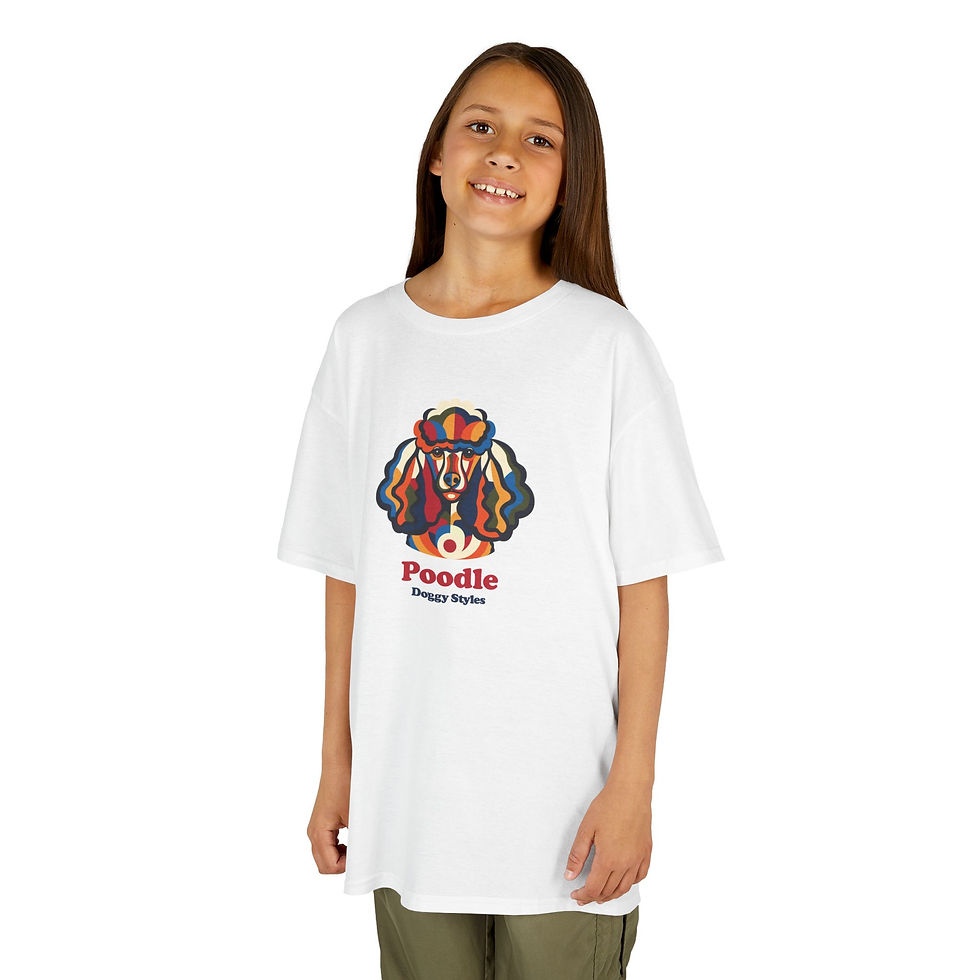 Thumbnail: Young girl posing in a classic white kids Poodle dog pop art graphic tee