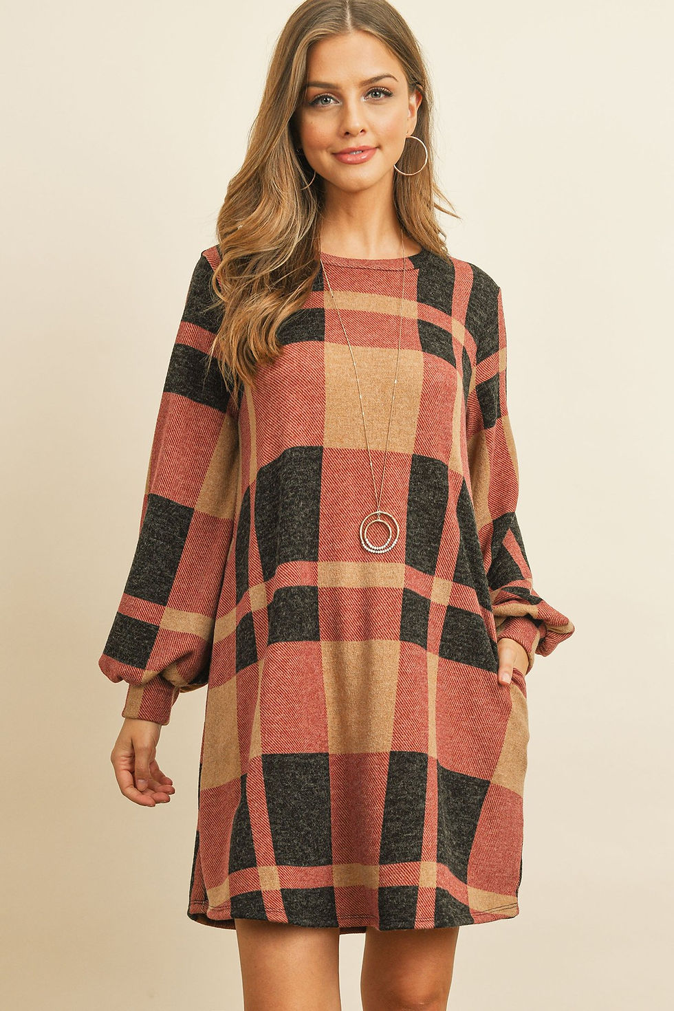 Thumbnail: Round Neck Puff Sleeved Plaid Knee Length Dress