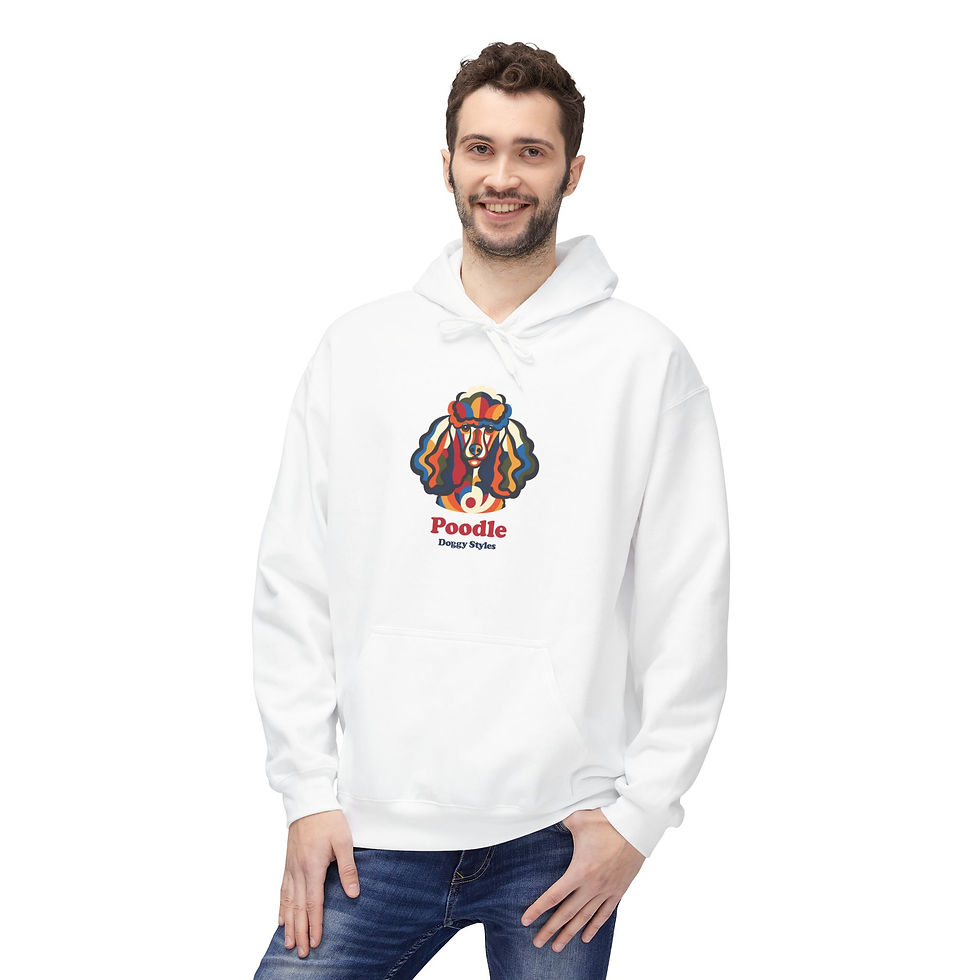 Thumbnail: Smiling young man posing in a white unisex Poodle dog illustration graphic hoodie