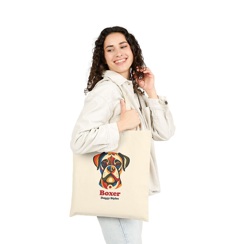 Thumbnail: Casual lifestyle shot of a woman modeling a Boxer dog pop art tote bag