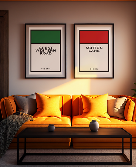 Two prints of iconic streets in Glasgow in a Monopoly style