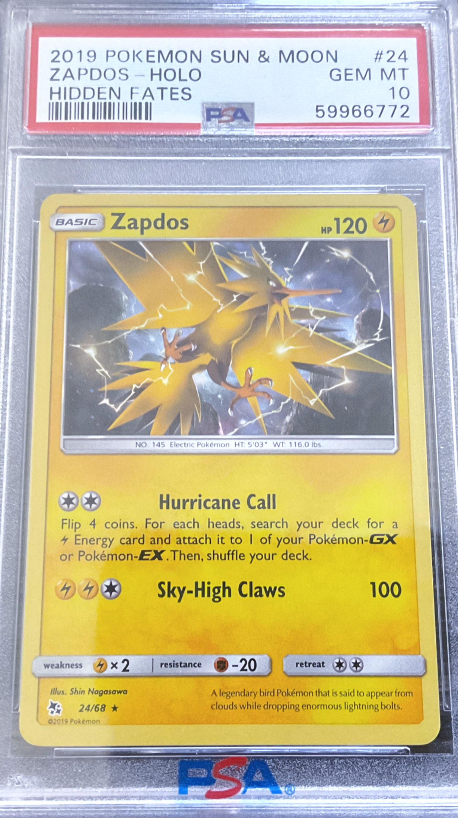 2019 Pokemon Sun & Moon Hidden Fates Holo Zapdos #24