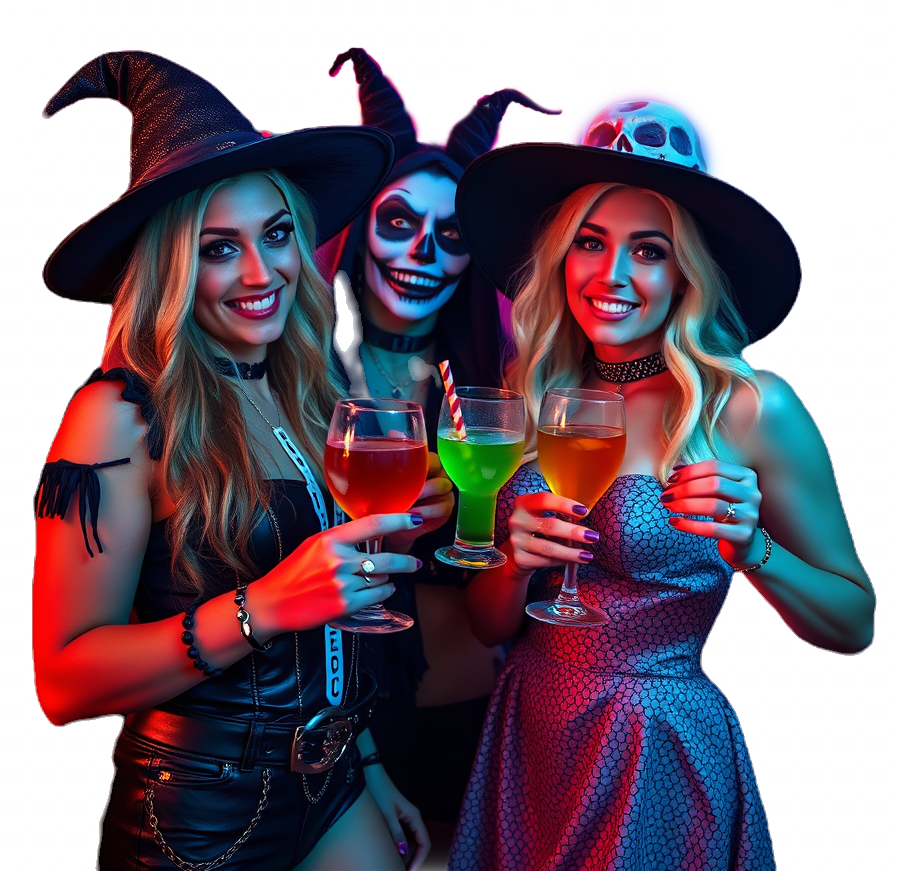 beautiful people dressed for halloween, holding cocktails, having the best time, neon vibe