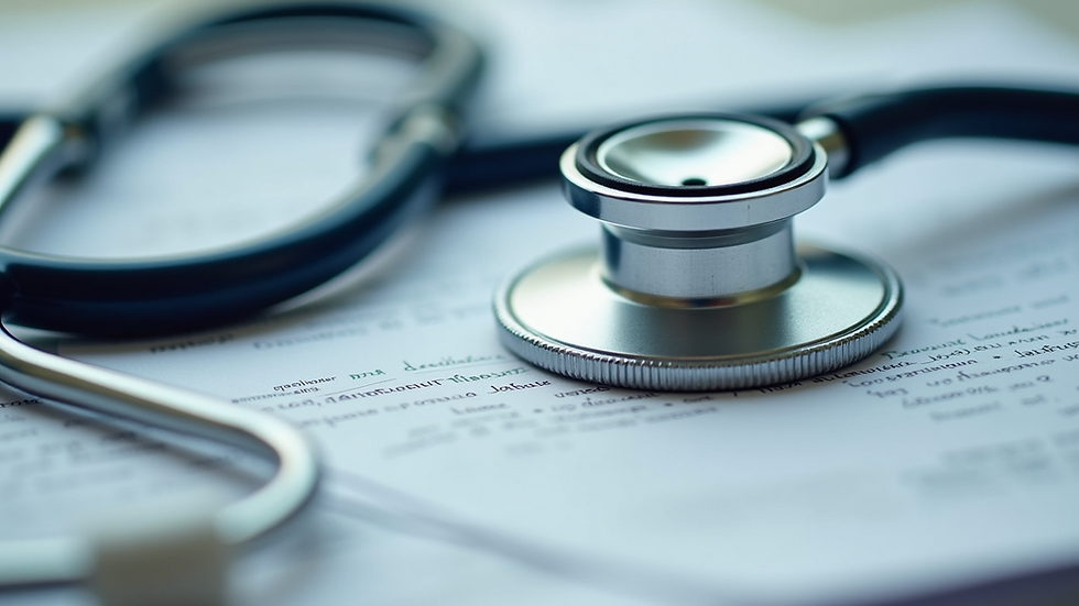 Close-up view of a stack of medical documents and a stethoscope