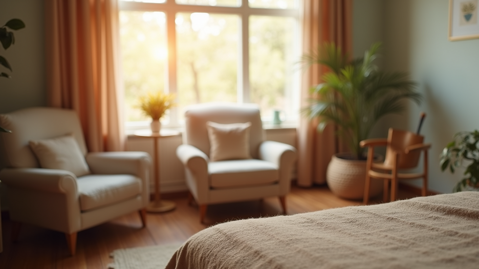 Close-up view of a cozy therapy room with soft lighting and comfortable seating