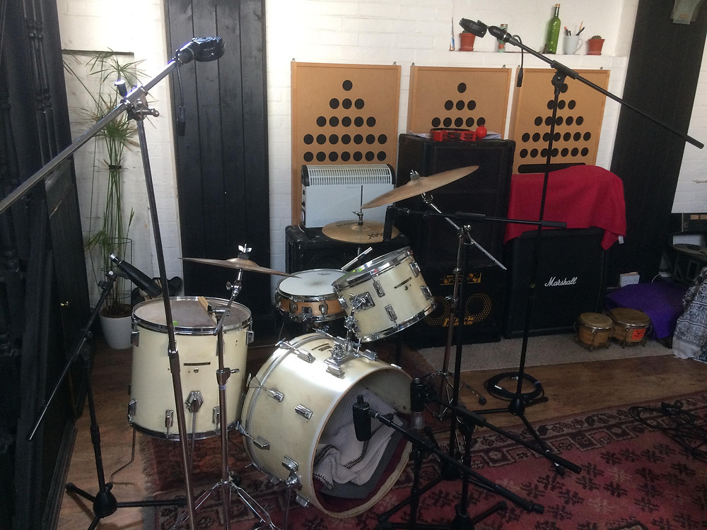 Setting up the drum kit.
