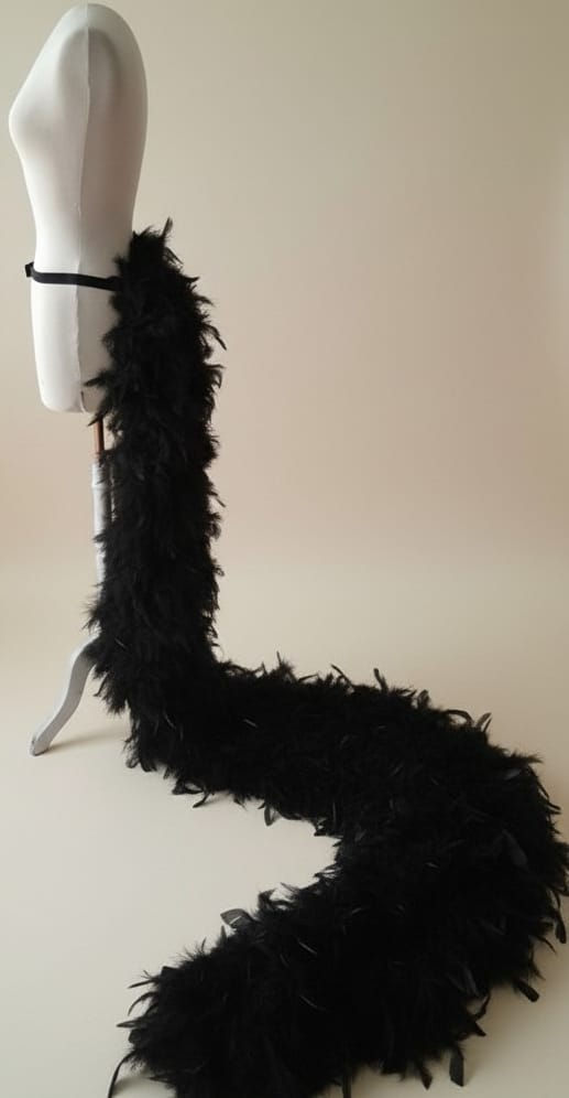 Red carpet show stopping extra long trailing feather tail tie on bustle