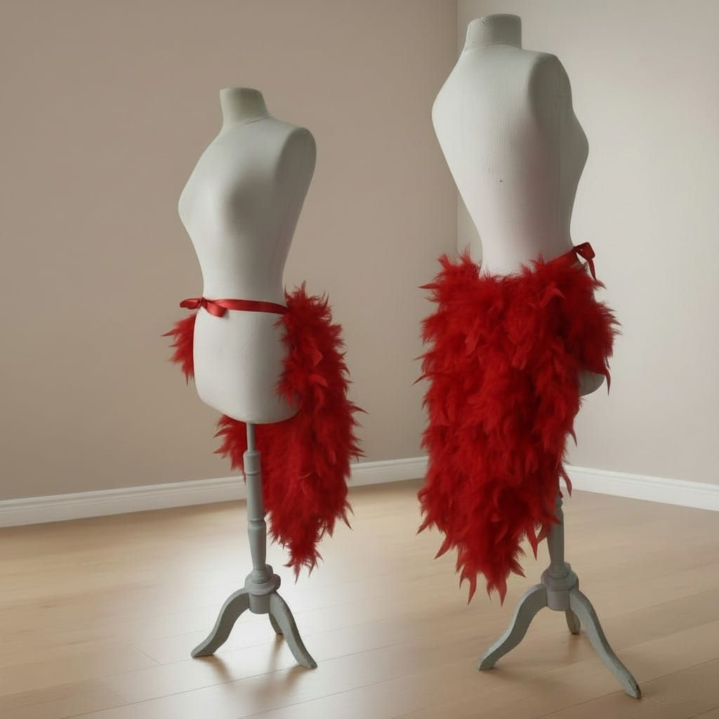 Burlesque red feather bustle skirt tie waist detail Alternative fashion long feather tail skirt UK handmade
