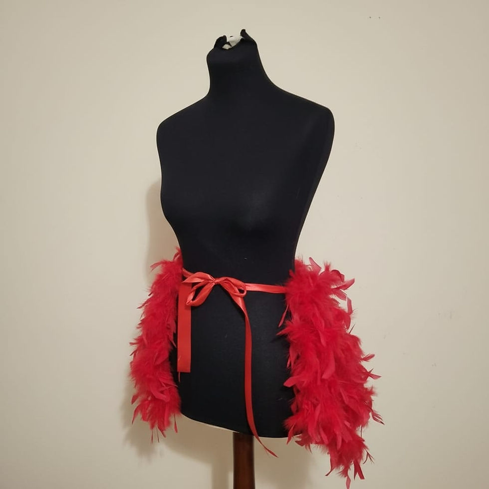 Thumbnail: Red feather short tie on feather bustle front view