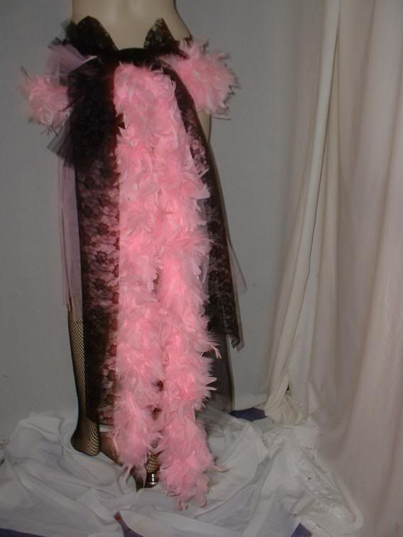 Thumbnail: Baby pink feather short skirt with attached bustle & trailing feathers size 6-14