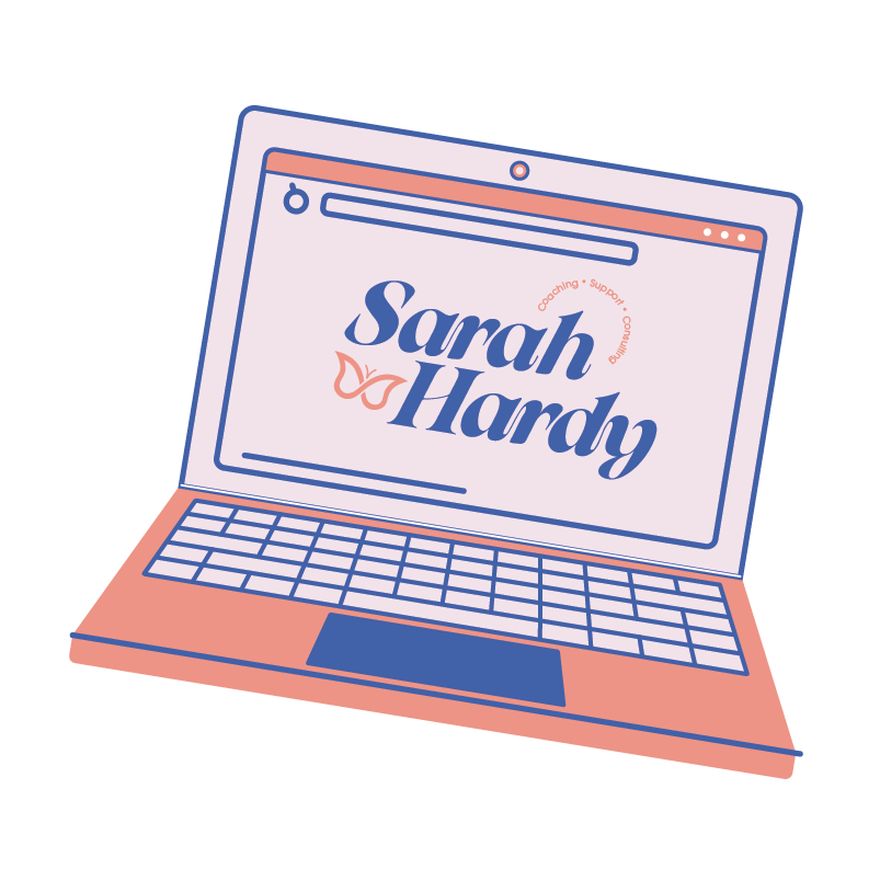 Illustration of a pink and blue laptop displaying the text "Sarah Hardy" with a butterfly and circular phrase. Clean design and layout.