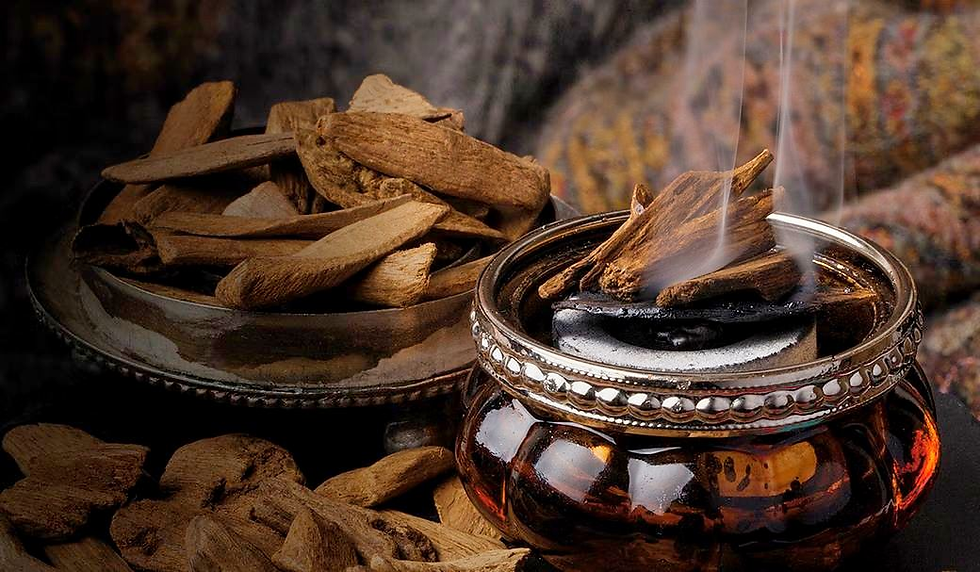 Burning oud incense crafted from agarwood resin, one of the world's most valuable natural fragrance ingredients.