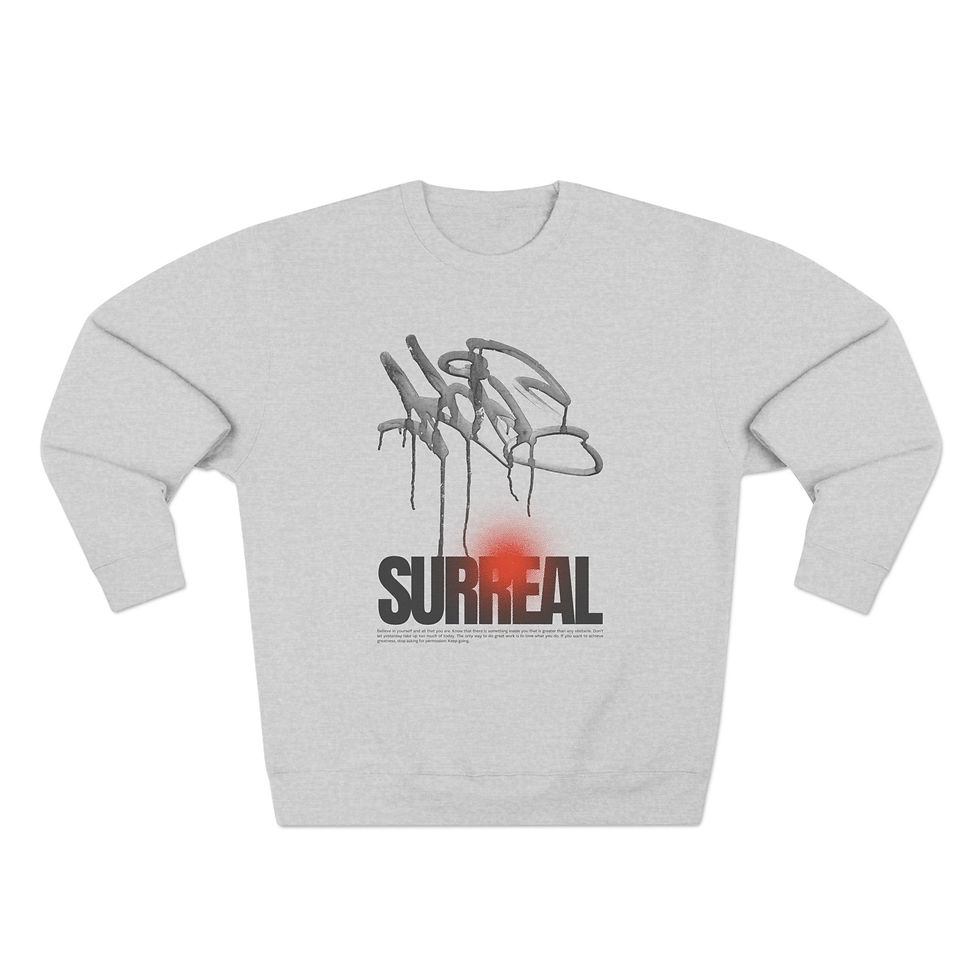 Grey sweatshirt with surrealist graphic and 'SURREAL' text