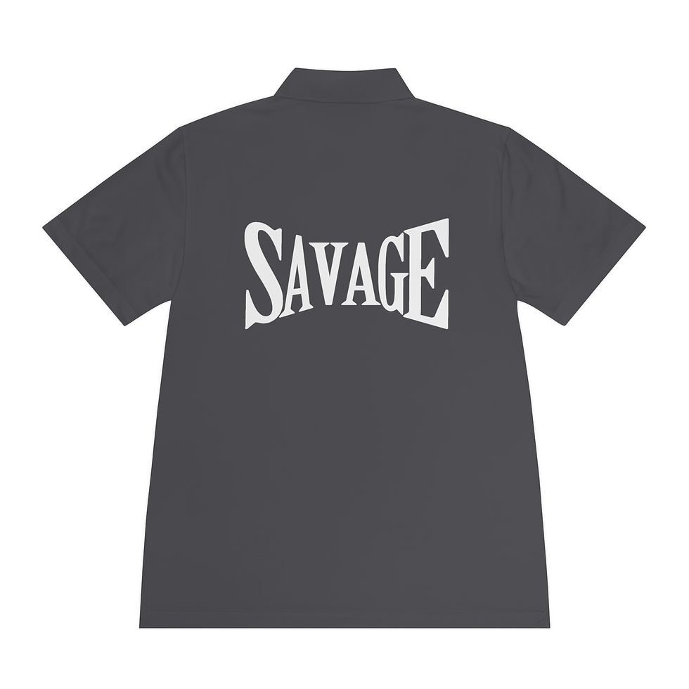 Dark gray polo shirt with SAVAGE in white lettering
