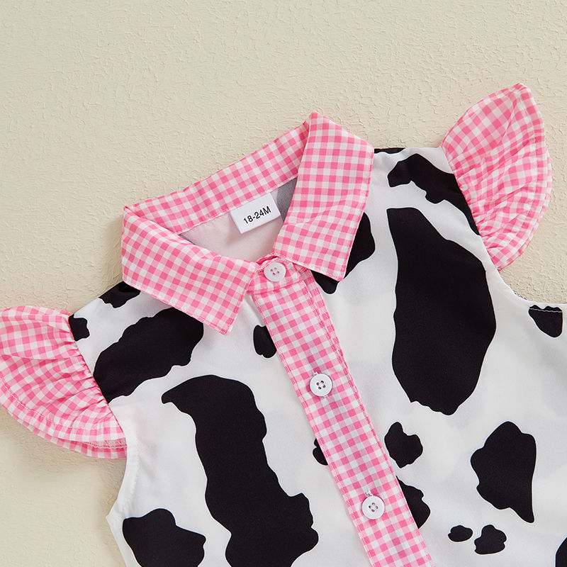 Baby Girl 2Pcs Summer Outfits Fly Sleeve Cow Print Button Shirt Denim Shorts Set