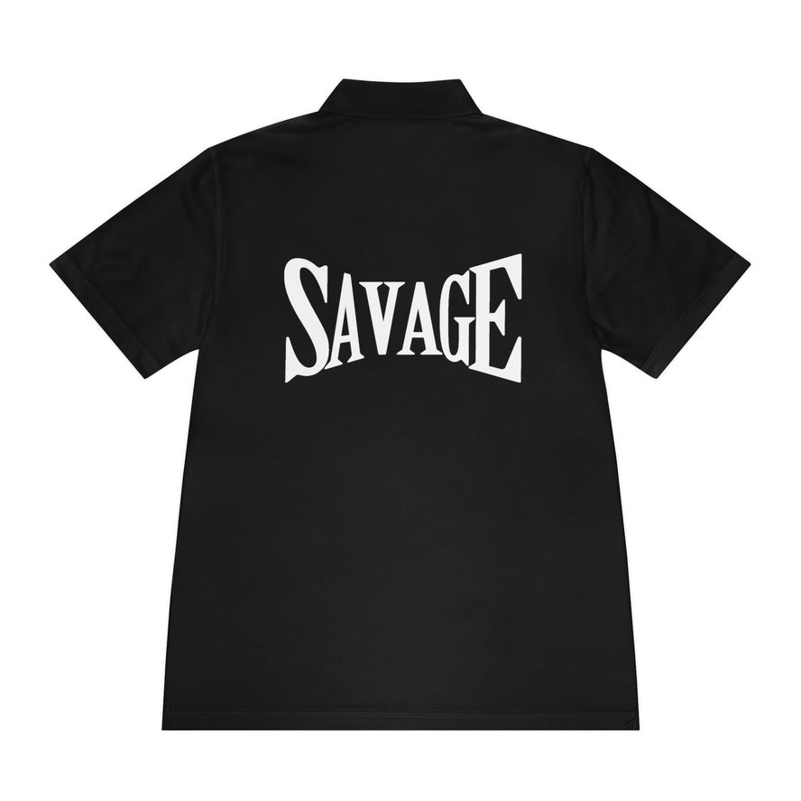 Black polo shirt with Savage text