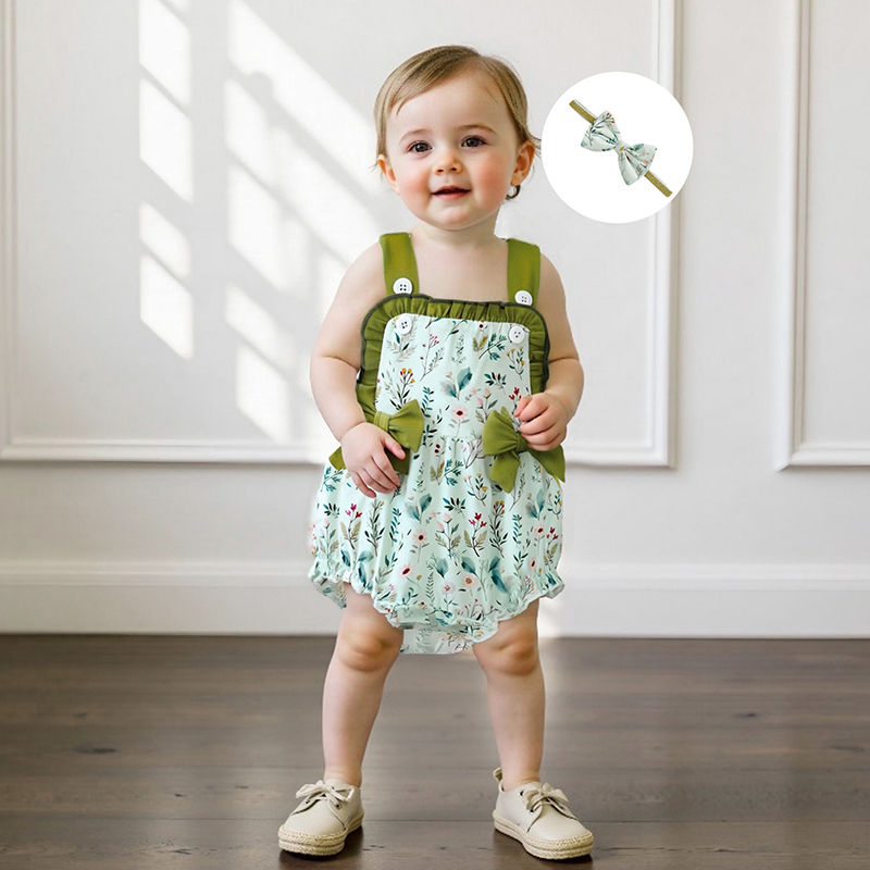 Toddler Girl Floral Print Sleeveless Romper with Matching Headband Set for Summe