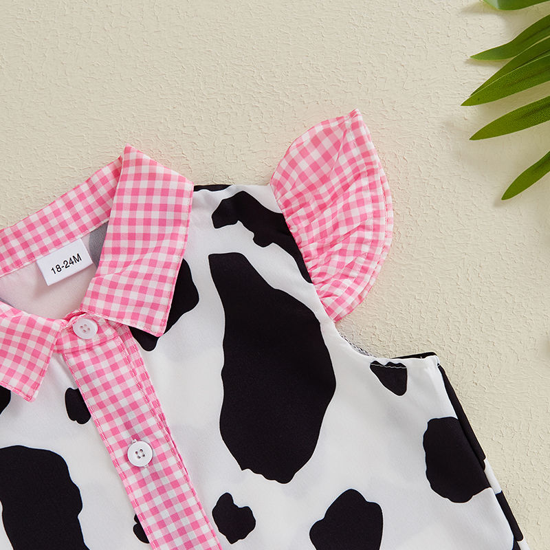 Baby Girl 2Pcs Summer Outfits Fly Sleeve Cow Print Button Shirt Denim Shorts Set