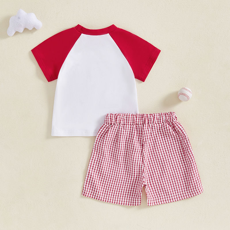 Adorable Baby Birthday Outfit Baseball Embroidery Tee and Plaid Shorts Set