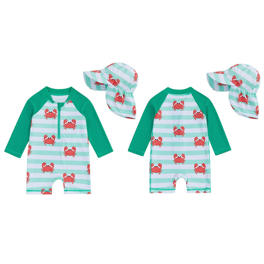 Children s Boys Long Sleeve Swimwear Set with Crab and Stripe Print Zipper Rash