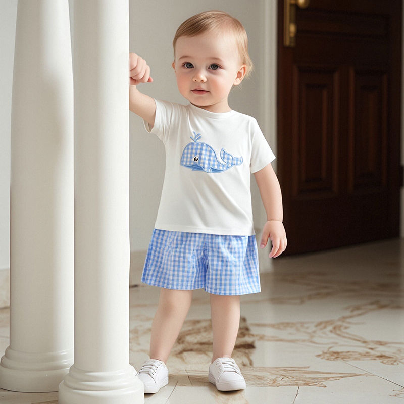 Adorable Baby Boys Summer Outfits with Cute Dolphin Embroidery Short Sleeves