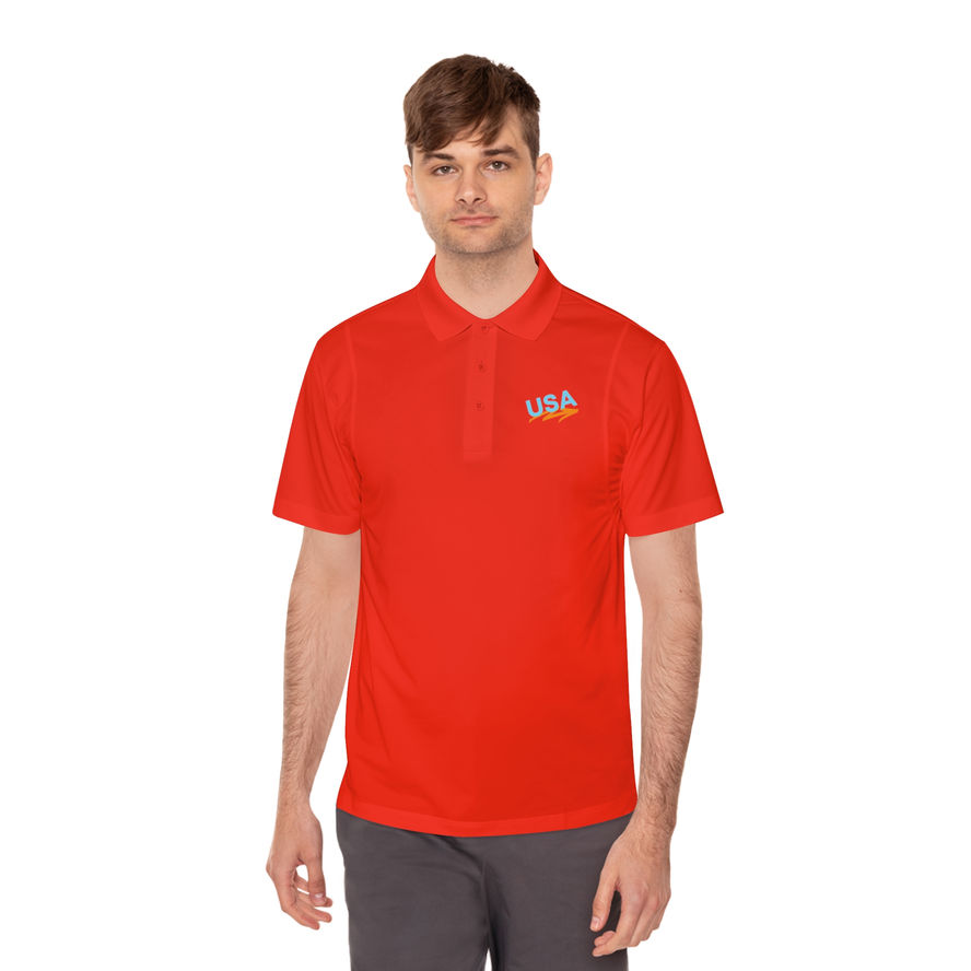Man modeling red polo shirt