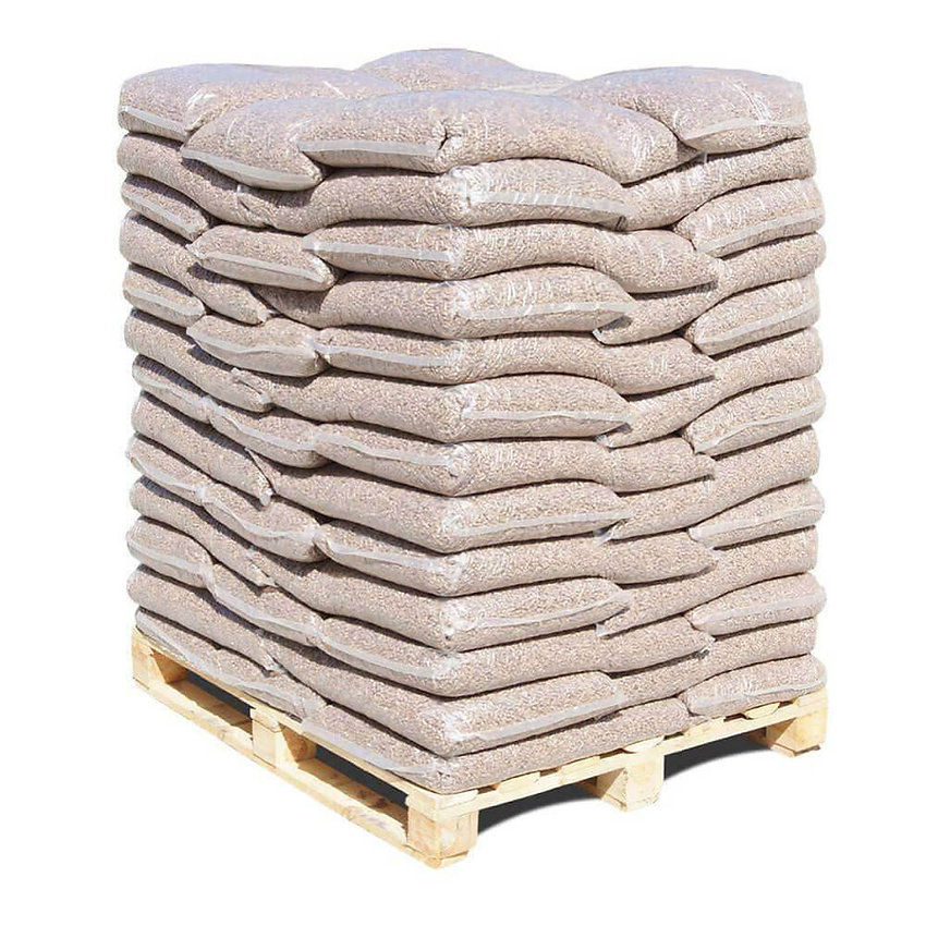 Stacked bags on a pallet for sale, displaying a large quantity of products.