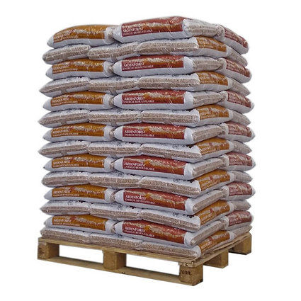 Large stack of bagged wood pellets stacked on a wooden pallet.