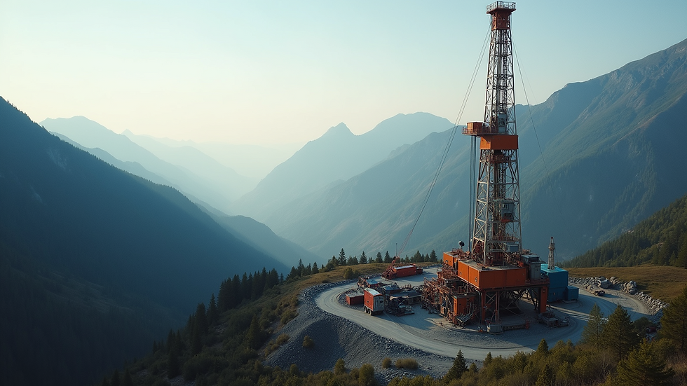 High angle view of drilling rig surrounded by mountainous terrain