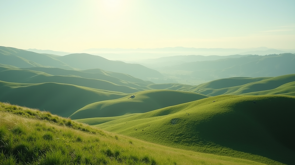 Wide angle view of a serene landscape with rolling hills