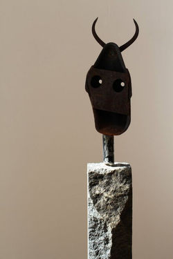 arleta cehic, old iron sculpture, art, artwork, sculpture, exhibition, totemi, rusted, beautiful, textured, face, horns, bull, mask