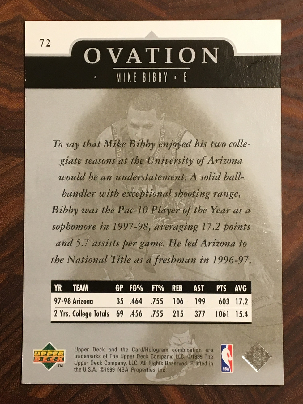 Thumbnail: 1999 Upper Deck Ovation Mike Bibby Rookie card #72
