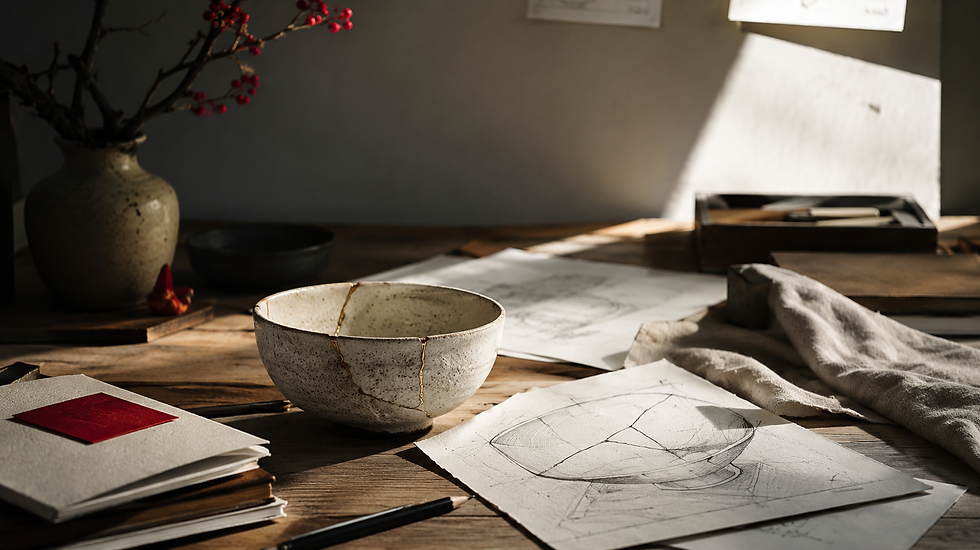 Taça de cerâmica rachada sobre uma mesa de madeira com folhas de desenho ao redor.