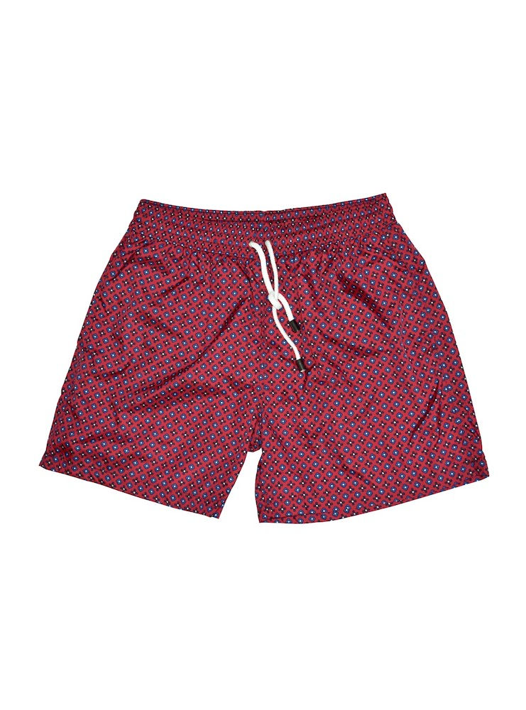 Front view of our MARGATE red blu floral short swim trunks.