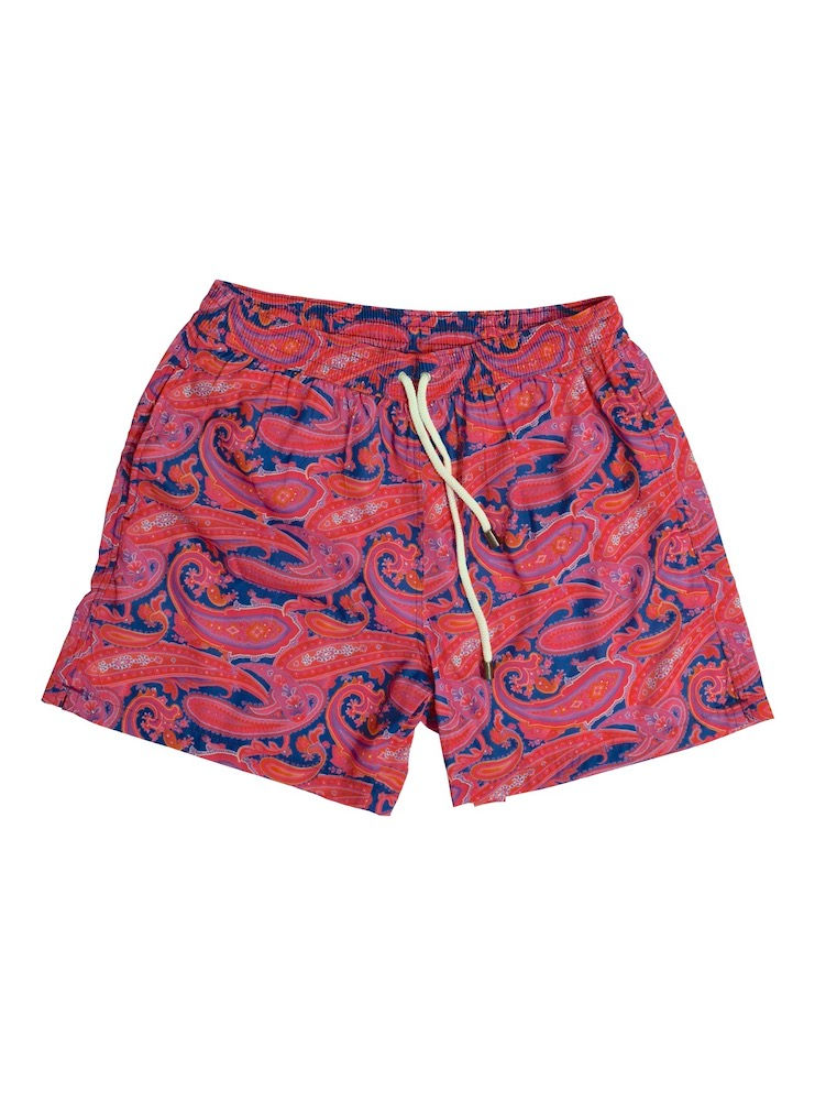 Front view of our PAISLEY fuchsia red blu short swim trunks.