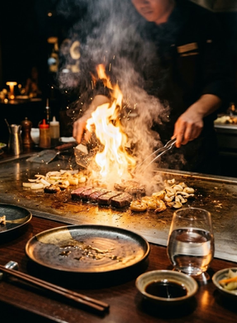 Women enjoying a private hibachi dinner cooked over open flame.