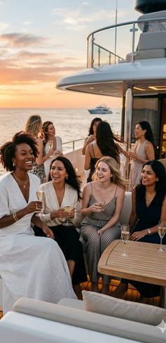Women laughing and engaging on a yacht.