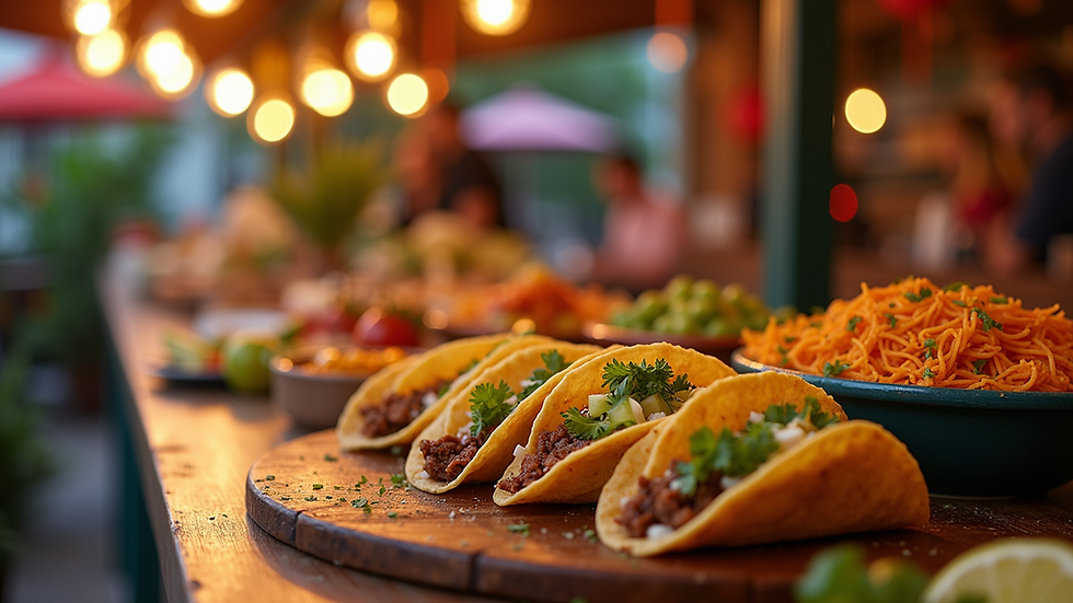 High angle view of a festive taco bar setup with colorful decorations