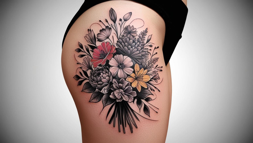 bouquet of flower tattoo on front thigh in back and grey (7)